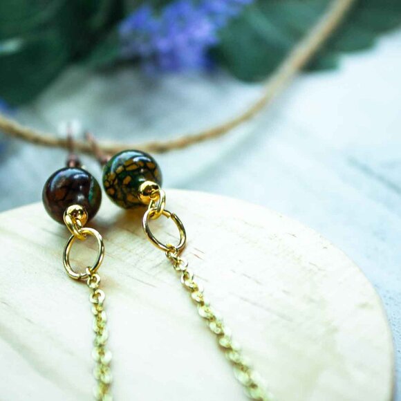 Emerald Green Agate Bead Dangle Earrings with Gold Chain - Picture 11 of 12